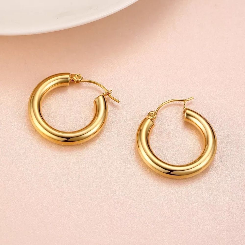 Madewell Chunky 18k Gold Filled Solid Hoop Earrings Huggie Style 1 Inch - Picture 3 of 8